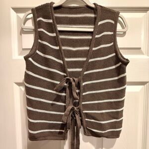 Brown and White Striped Knit Vest Top